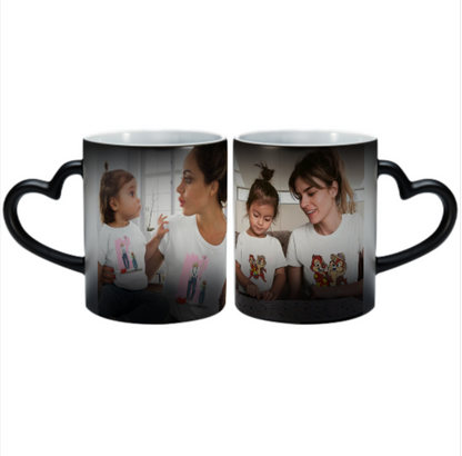 Custom Personalised Magic Photo Mug (Double sided different photos) with a heart-shaped handle - Made in USA, Free Fast Shipping