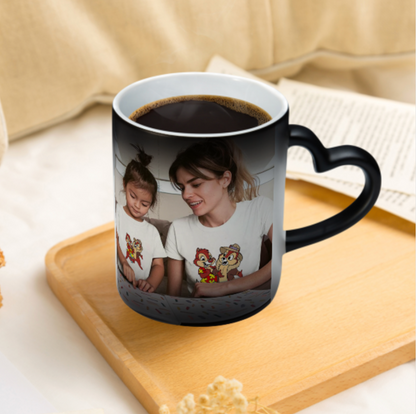 Custom Personalised Magic Photo Mug (Double sided different photos) with a heart-shaped handle - Made in USA, Free Fast Shipping